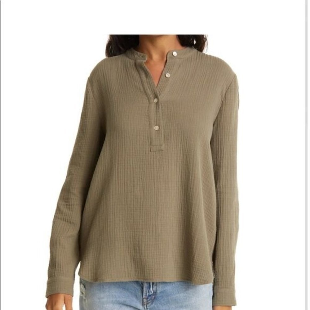 Jenni Kayne Cypress Cotton Henley Neck Long Sleeve Shirt Olive Sage GreenTunic S